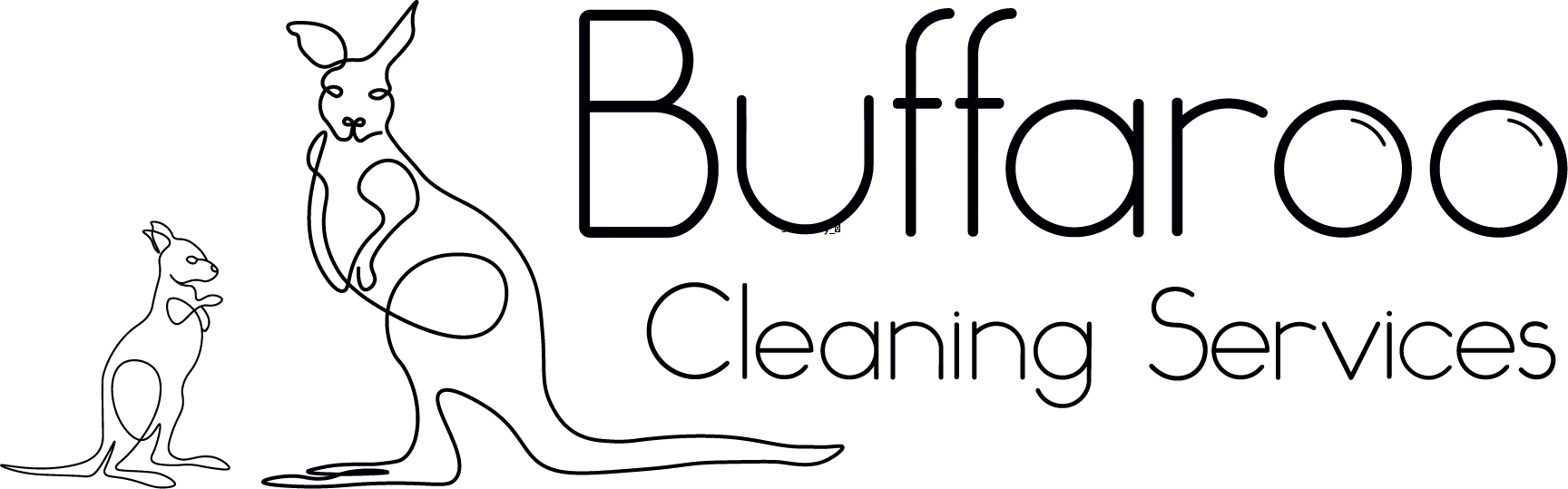 a secondary logo of Buffaroo Cleaning Services with black text and a black vector of a kangaroo and her joey