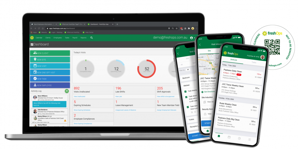 various devices showing the FreshOps software that buffaroo cleaning services is using