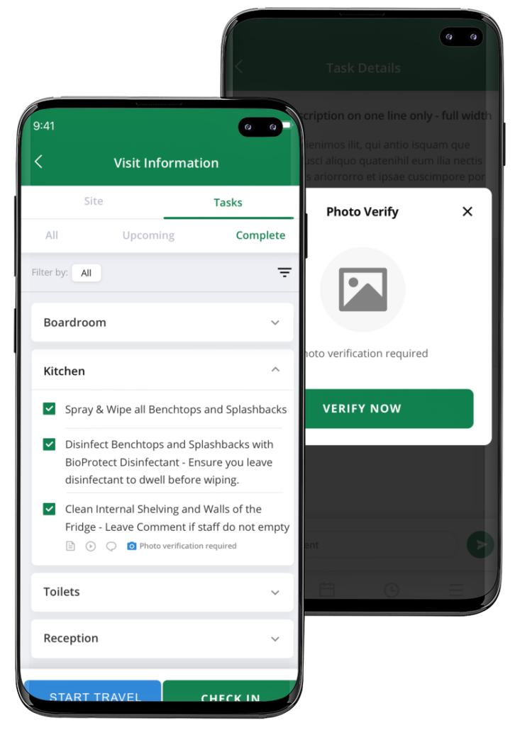 a picture showing two phones, one with a checklist and another showing the photo verification function
